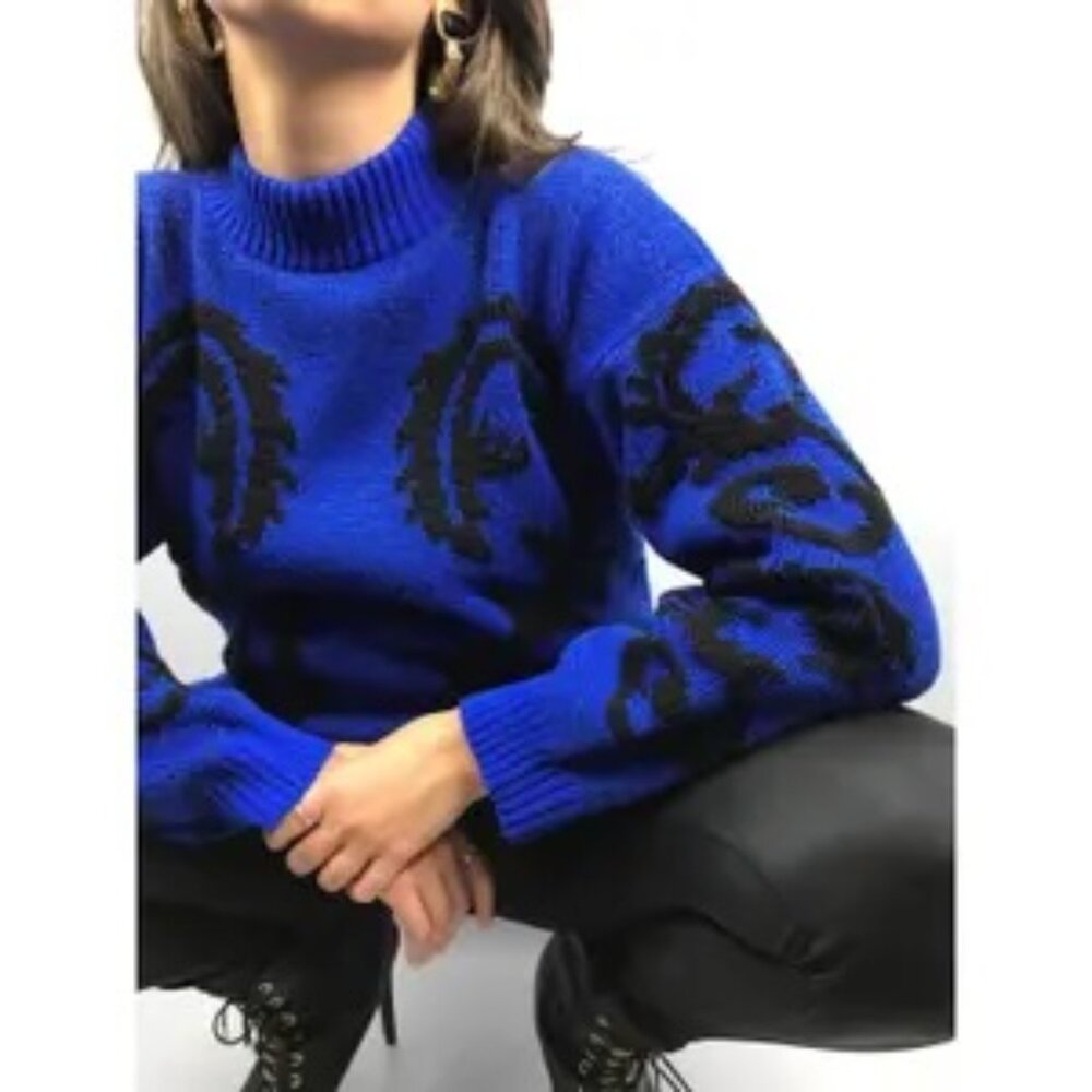 Vintage 1980s / 90s Black and Blue Metallic Sparkle Thread Mock Neck Sweater
